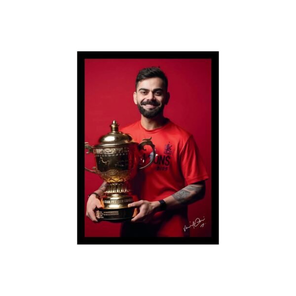 Virat Kohli Holding IPL Trophy Red Jersey Poster || Indian Cricketers Photo Frame|| Posters for Wall Player Sports Room Decoration || Sports Room Decor & Gift for Fans, Boys (12x8 Inch)