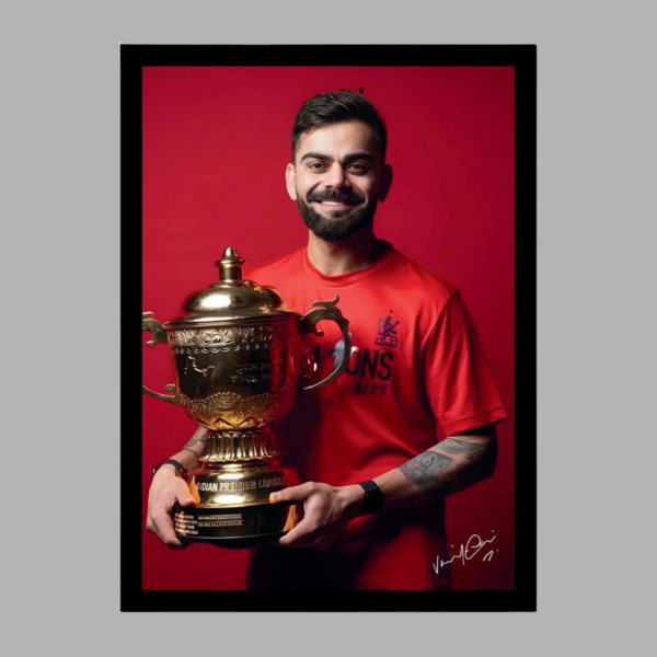 Virat Kohli Holding IPL Trophy Red Jersey Poster || Indian Cricketers Photo Frame|| Posters for Wall Player Sports Room Decoration || Sports Room Decor & Gift for Fans, Boys (12x8 Inch)