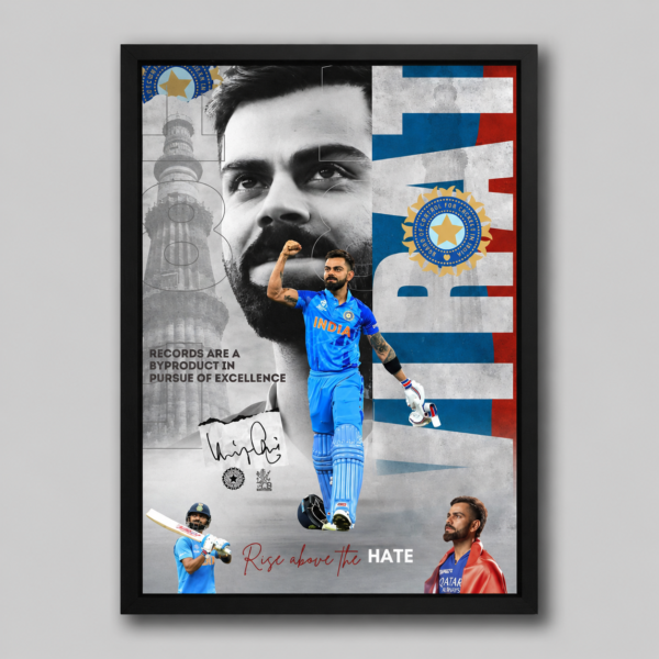 Virat Kohli – Modern Cricket Art Collage | A4 Size (12 × 8 Inches) Framed Poster